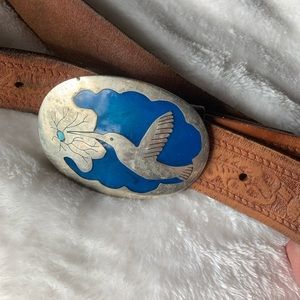 Vintage Silver Plated, Turquoise Inlaid Hummingbird Belt-buckle and Leather Belt